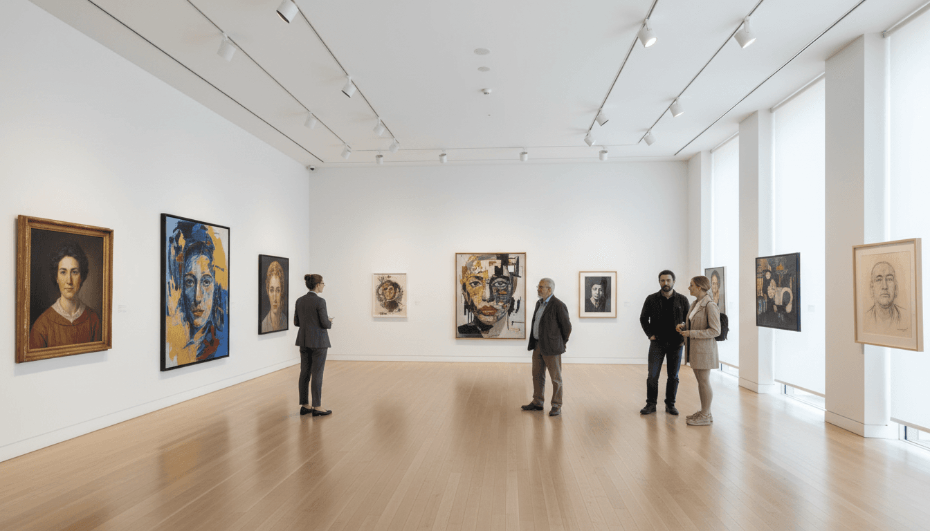 Art auction gallery with guests viewing paintings on the wall