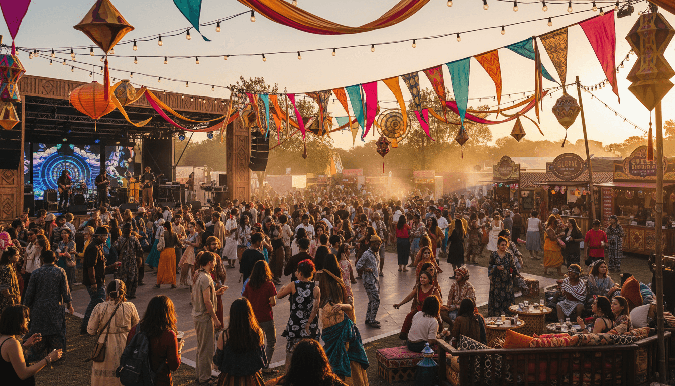 An outdoor festival stage surrounded by an evening crowd, illuminated by warm string lights.