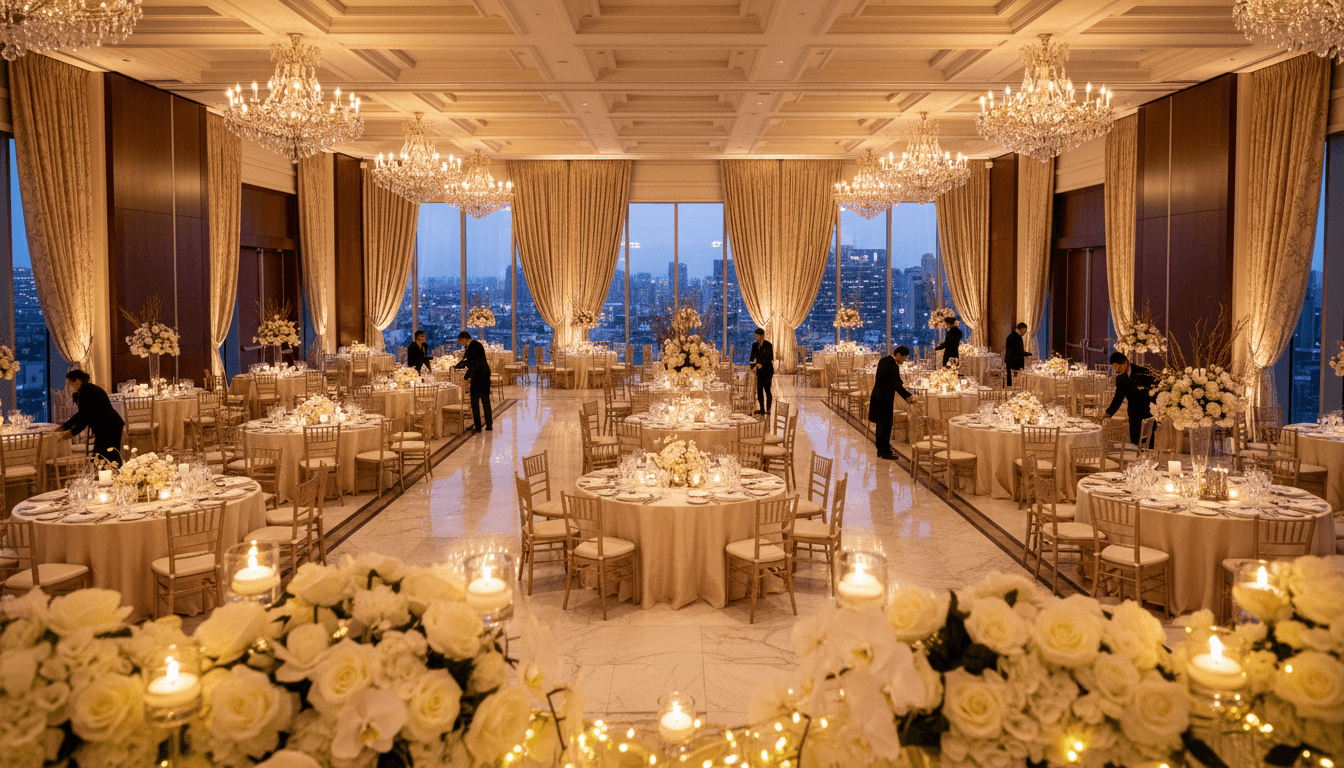 Lavish event stage with golden lighting and elegant floral arrangements