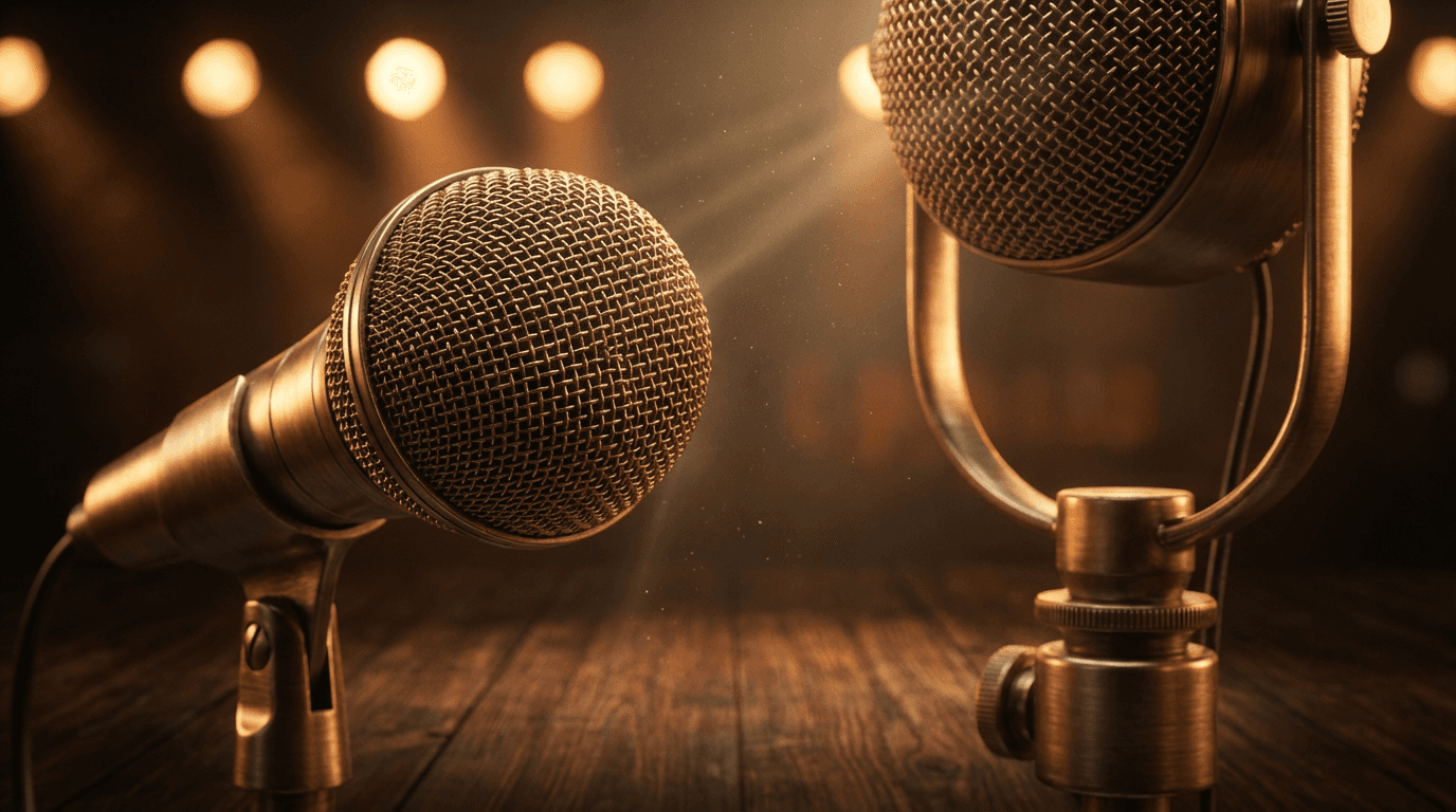 Gold microphone against a dark velvet background with dramatic lighting