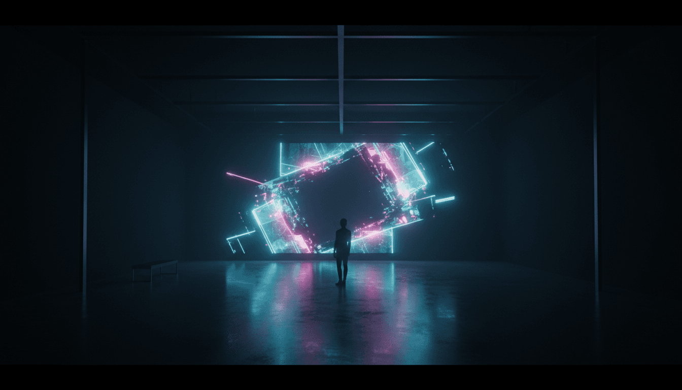 Couple in elegant attire walking past a glowing neon art installation in a gallery corridor